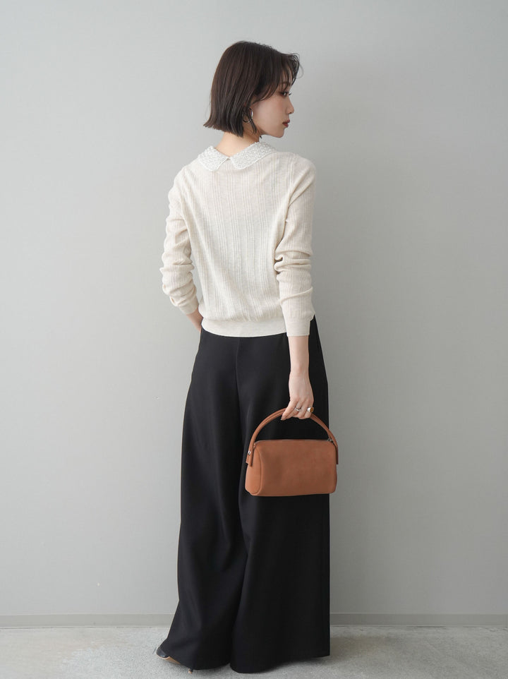 [予約]編み込みベルト付タックワイドパンツ/black