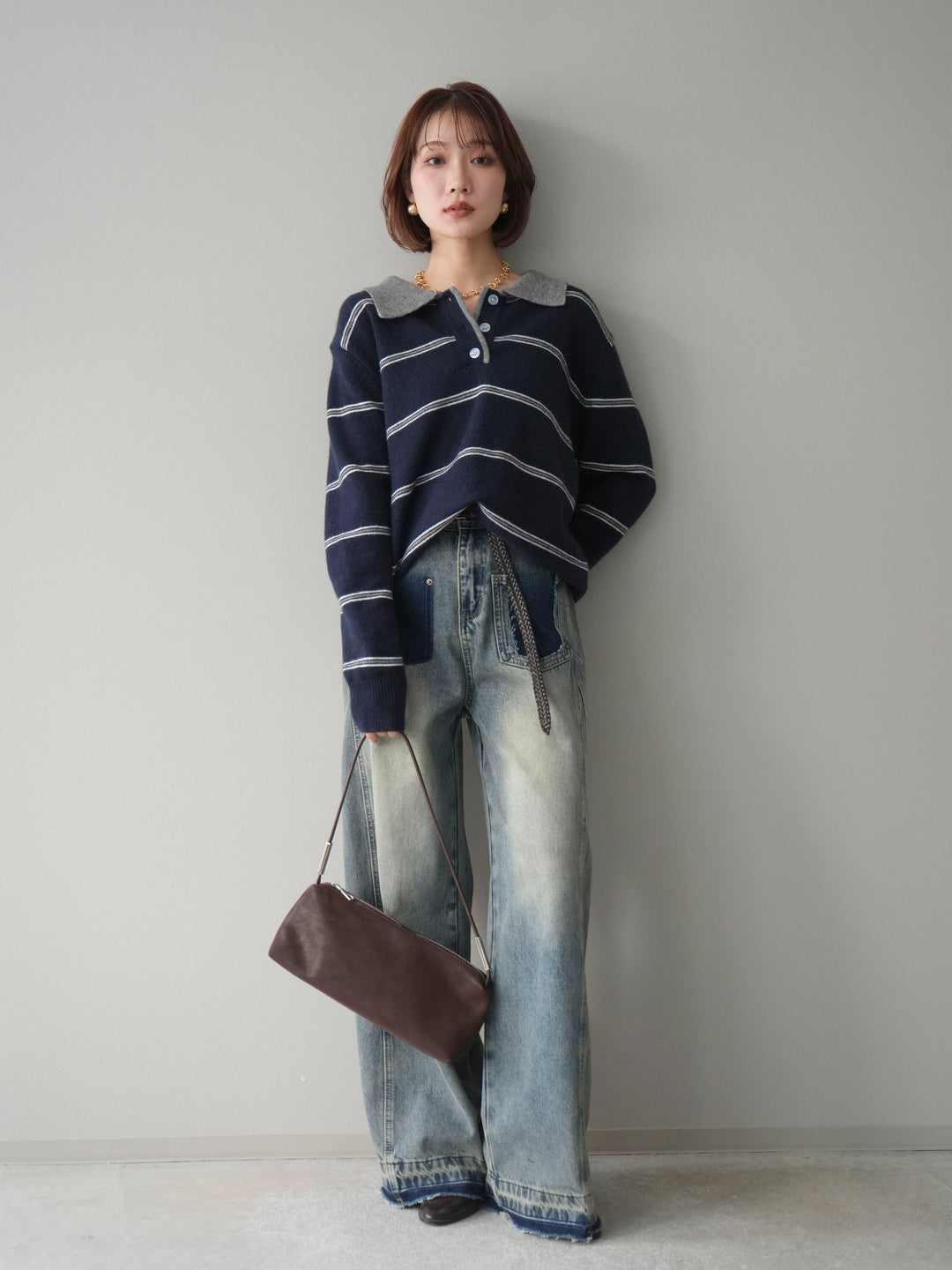 [予約]バイカラーボーダーポロニットプルオーバー/navy