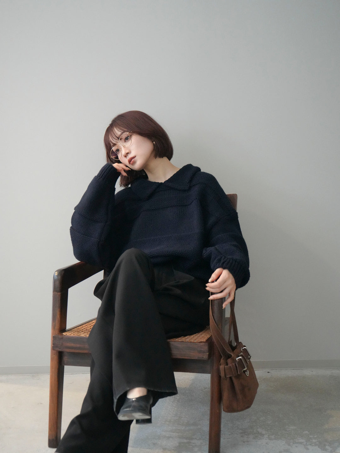 [予約]襟付きボーダー編みニットプルオーバー/navy