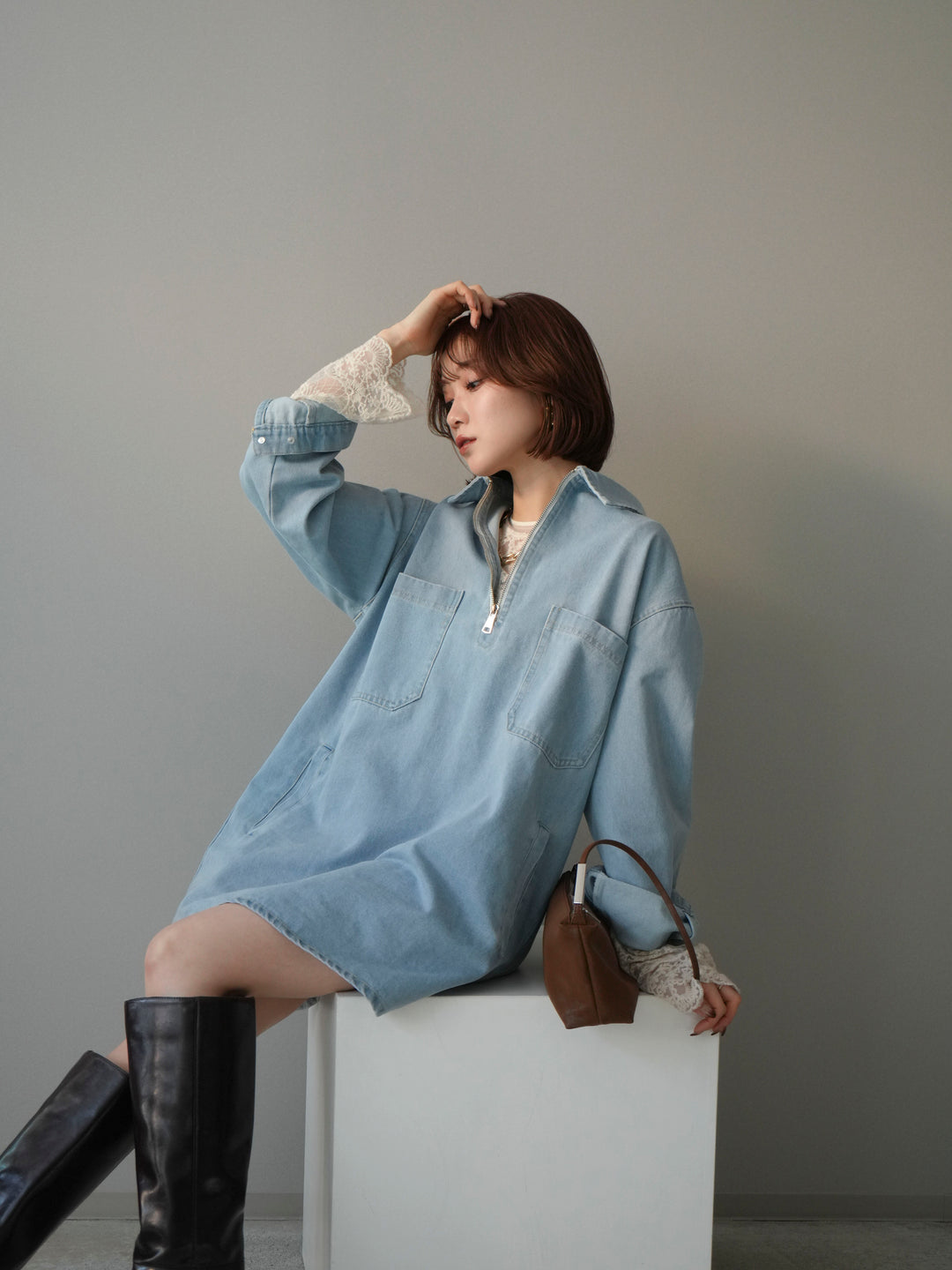 [SET]ハーフジップデニムミニワンピース+チュールレーストップス(2set)