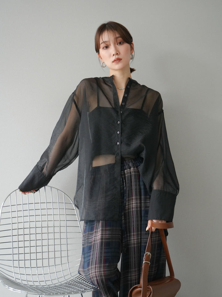 [SET] 亮面透視立領襯衫 + 透視格紋寬鬆褲 (2 件套)