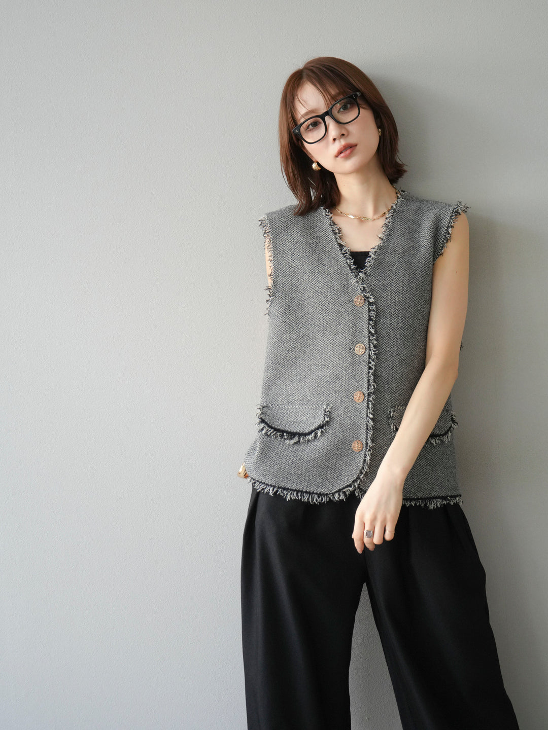 [予約]ツイードライクフリンジニットベスト/ブラック