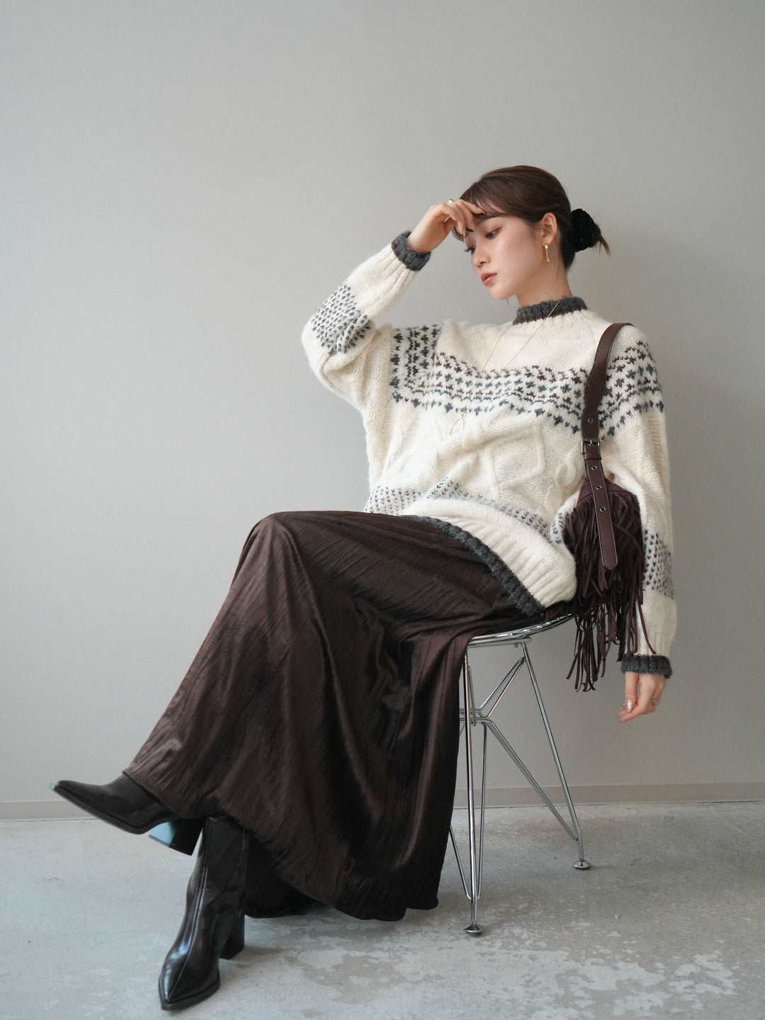 [予約]裾配色ノルディック柄ニットプルオーバー/White