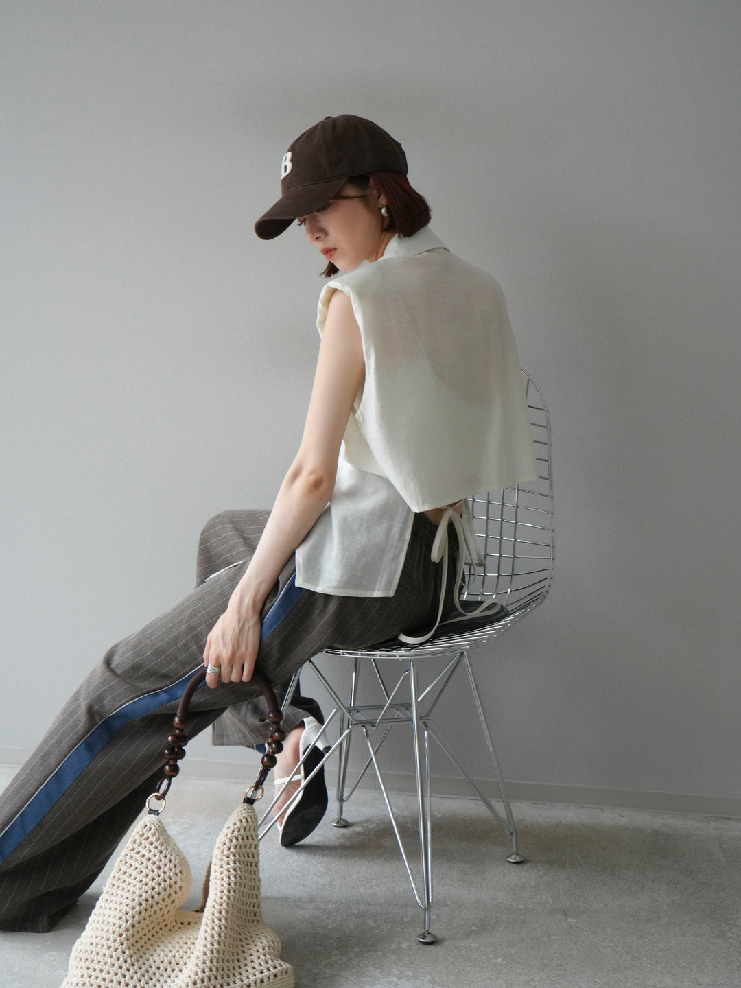 [予約]サイドラインストライプワイドパンツ/ブラウン