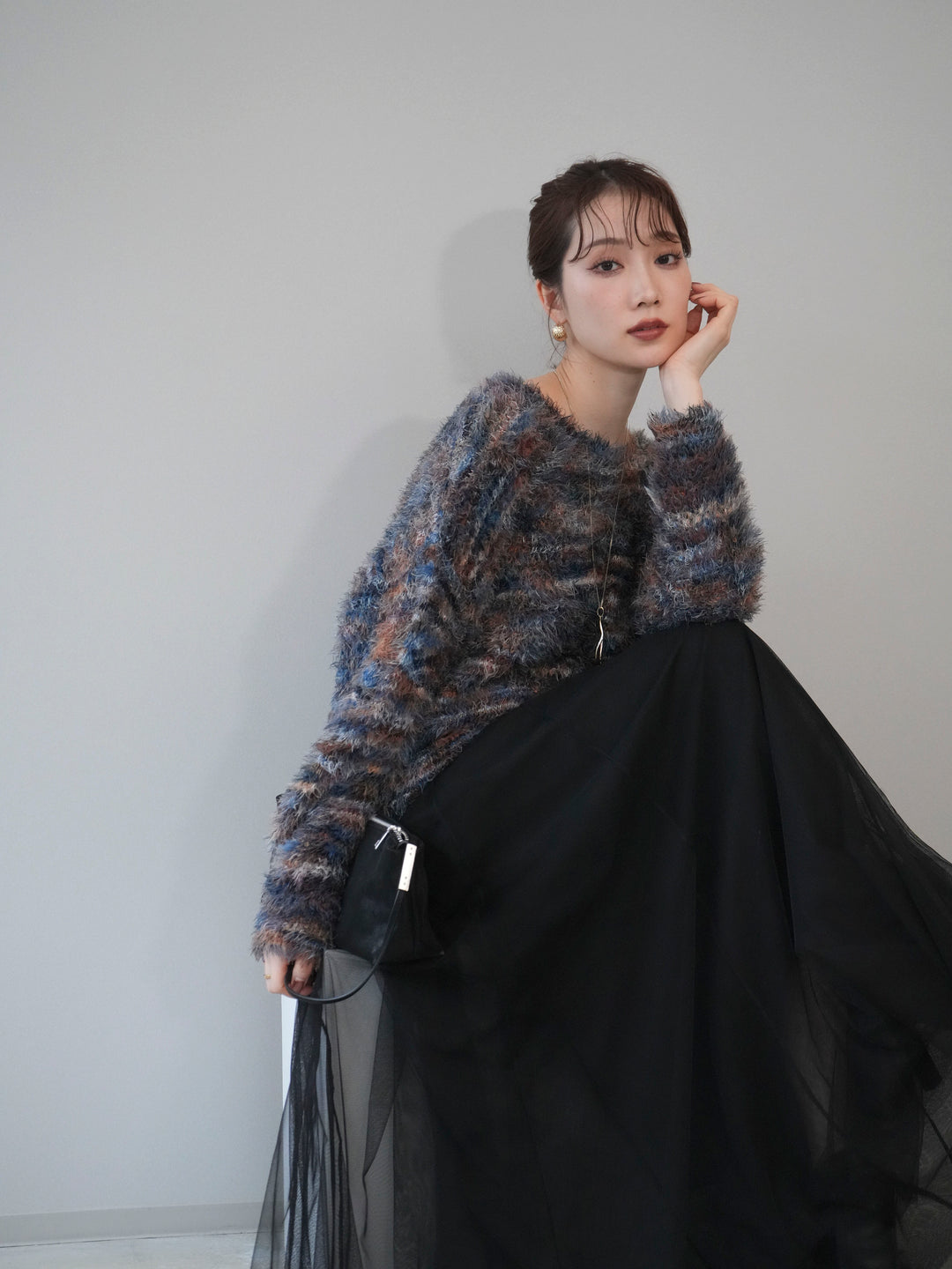 [予約]ミックスシャギールーズニットプルオーバー/blue