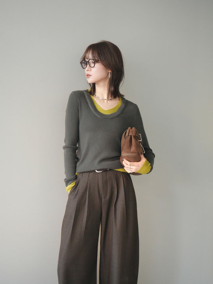 [SET]Uネック配色レイヤードリブニットトップス+アニマル柄ベルト付きウールタッチワイドパンツ(2set)