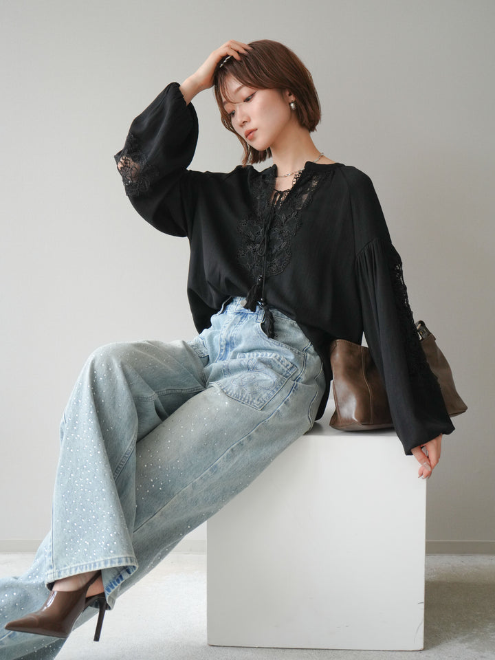 [予約]レーススリーブスキッパーブラウス/black