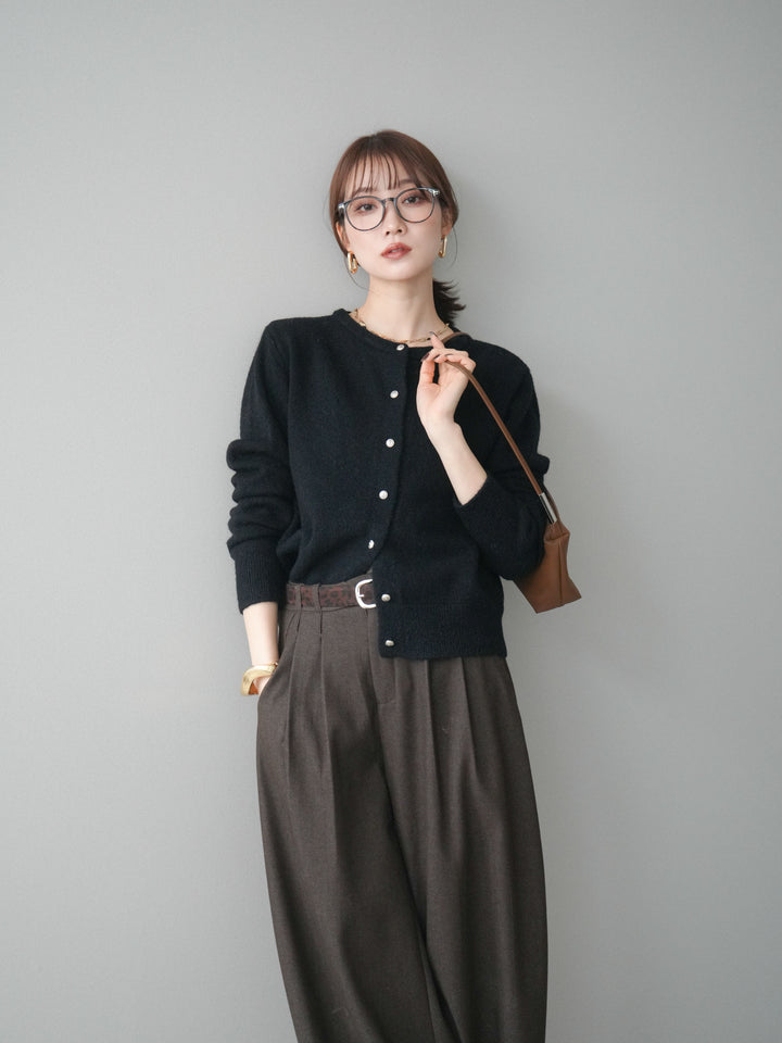 [SET]アンティークボタンニットカーディガン+アニマル柄ベルト付きウールタッチワイドパンツ(2set)