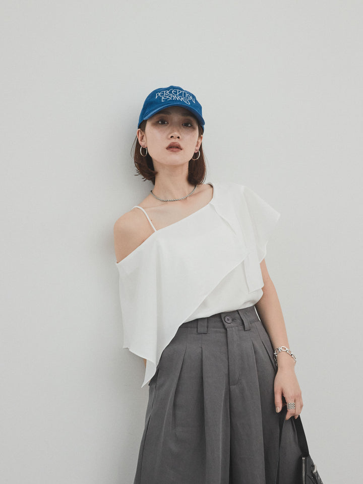 [SET]ワンショルラッフルブラウス+リネンタッチタックワイドパンツ (2set)