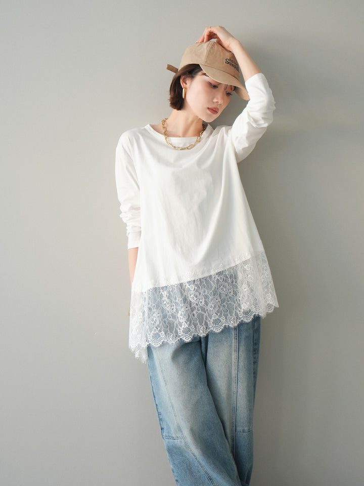 [SET]裾レースロングスリーブTシャツ+選べるアクセセット(2set)