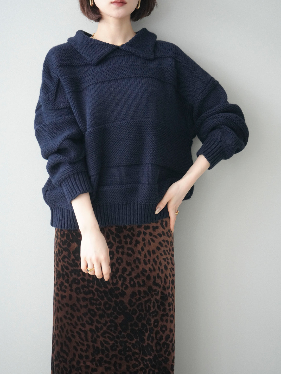 [予約]襟付きボーダー編みニットプルオーバー/navy