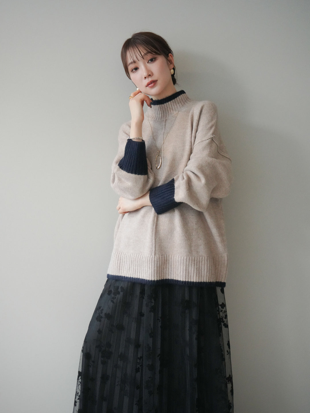 [SET]配色ハイネックニットプルオーバー+配色ハイネックニットプルオーバー(2set)