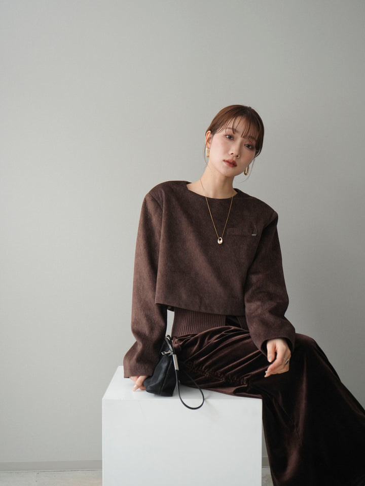 [予約]リブニットレイヤードスエードプルオーバー/brown