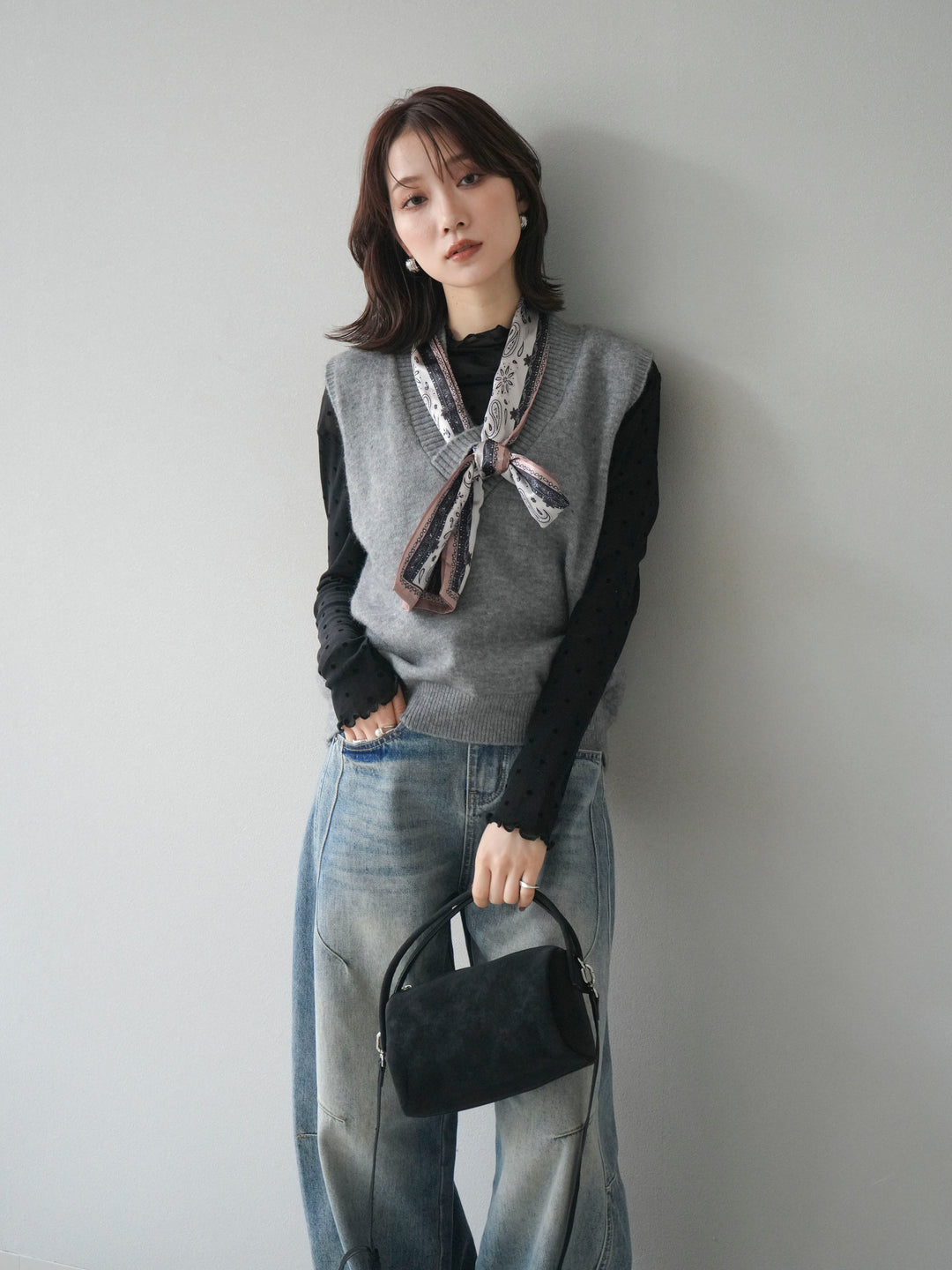 [予約]スカーフ付きニットベスト/gray