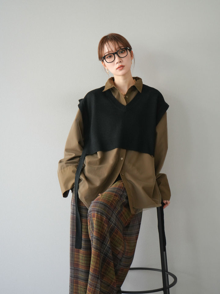 [予約]サイドリボンVネックショートニットベスト/ブラック