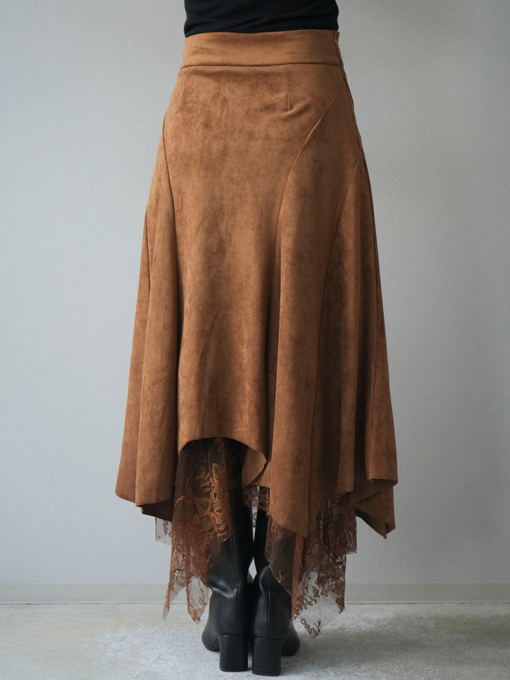 [予約]スエード裾レースアシンメトリースカート/camel