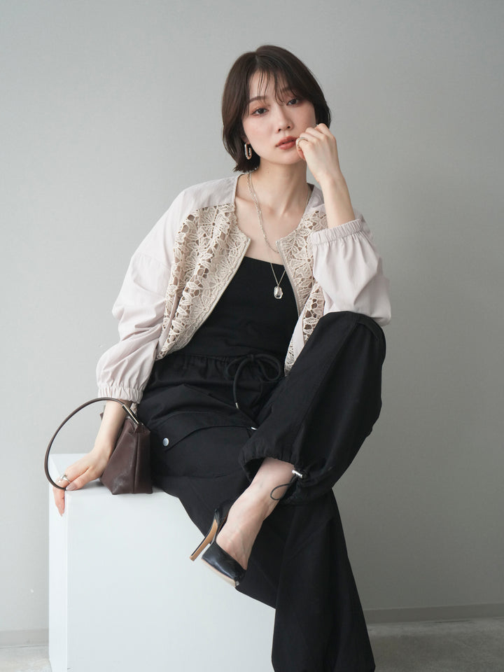 [SET]レースドッキングブルゾン+タックデザイン裾ドロストカーゴパンツ+カップ付テレコリブベアキャミソール(3set)