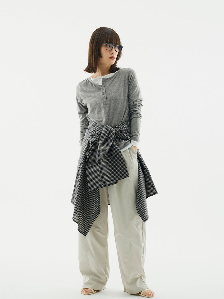 【Allure】[SET]配色レイヤードヘンリーネックトップス+タフタワイドカーブパンツ(2set)