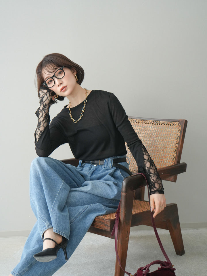 [SET]袖レースレイヤードデザインメロートップス+ハイウエストベルトループデザインデニムパンツ(2set)