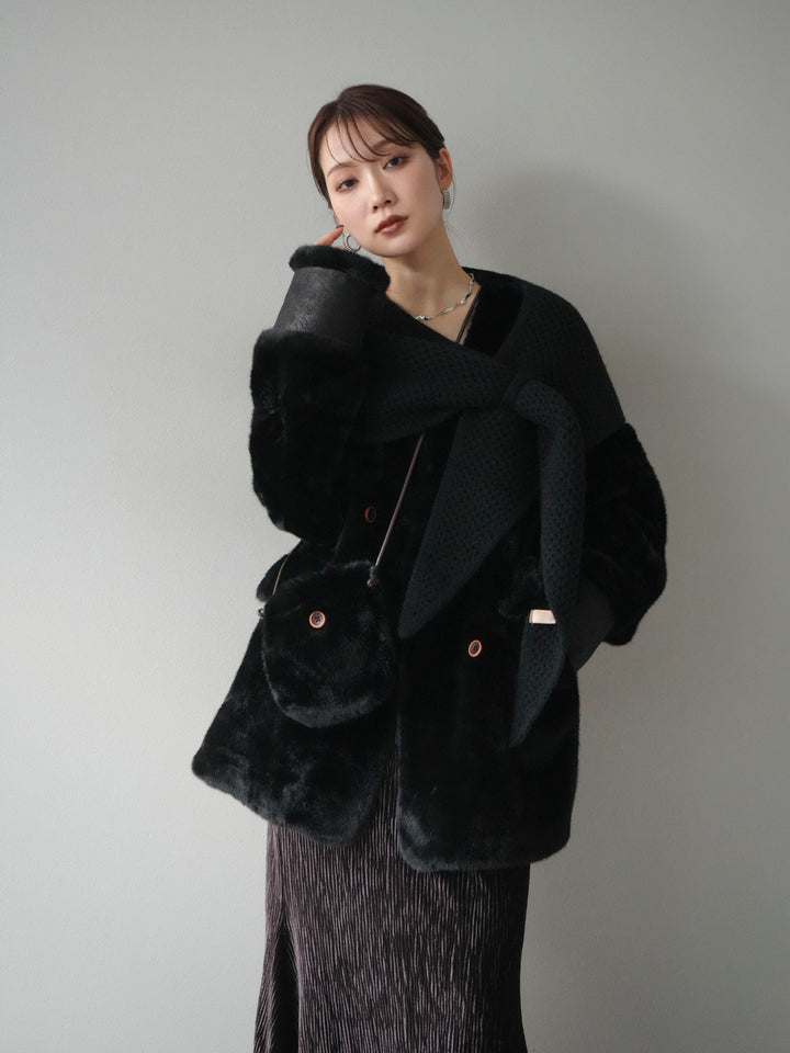 [予約]バッグ付エコファーノーカラーコート/black