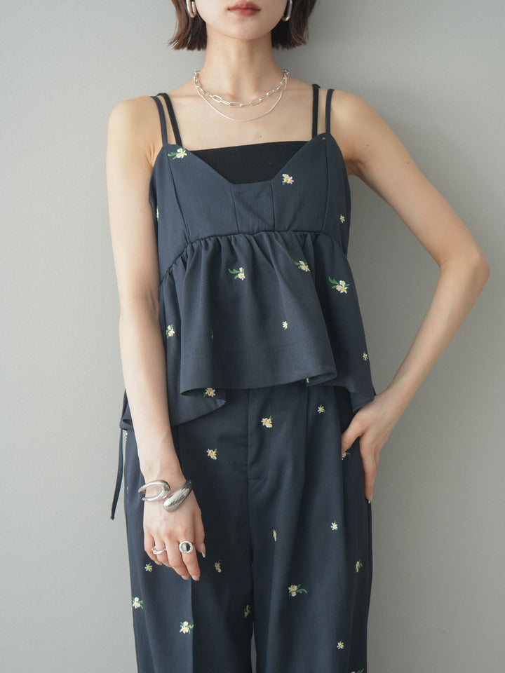 [SET]フラワー刺繍ビスチェ+フラワー刺繍タックパンツ(2set)