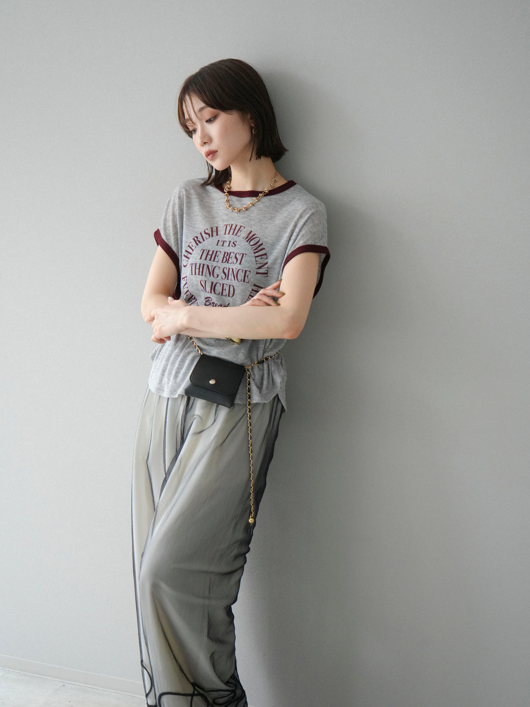 [SET]シアーフライス ロゴプリントT +コード刺繍チュールレイヤードパンツ(2set)