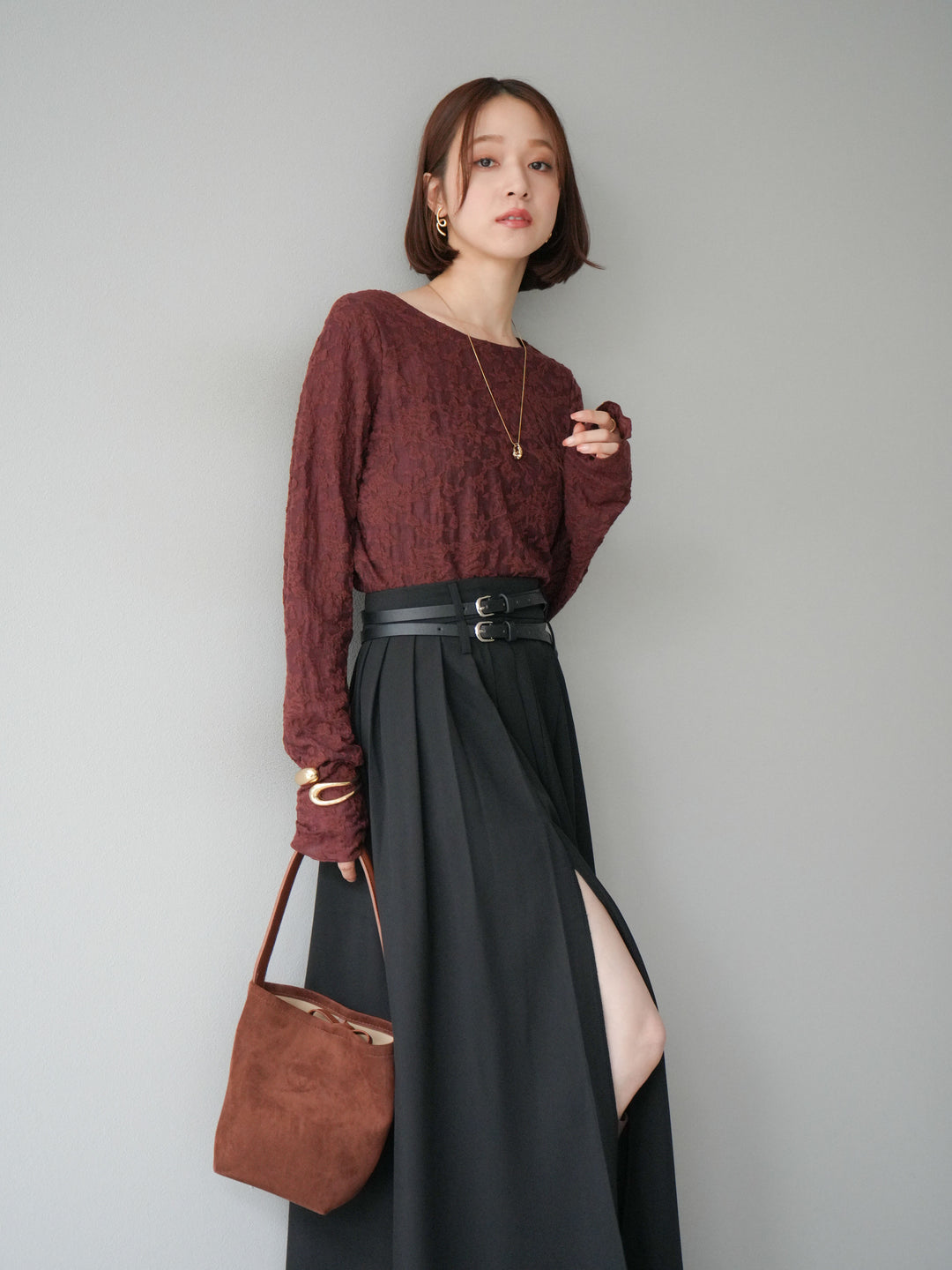 [SET]シアージャガードトップス+エステルプリーツスリットスカート(2set)