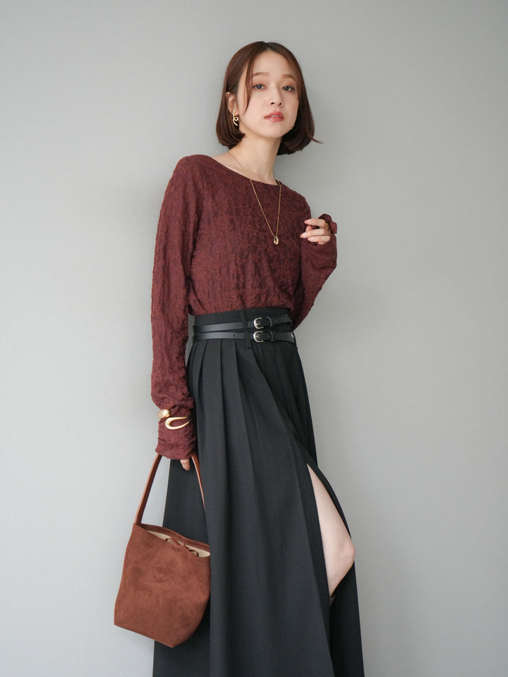 [SET]シアージャガードトップス+エステルプリーツスリットスカート(2set)