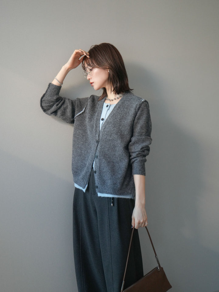 [予約]配色レイヤードニットカーディガン/gray