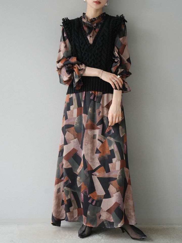 [SET]レトロプリントフリルブラウス+選べるアクセセット(2set)