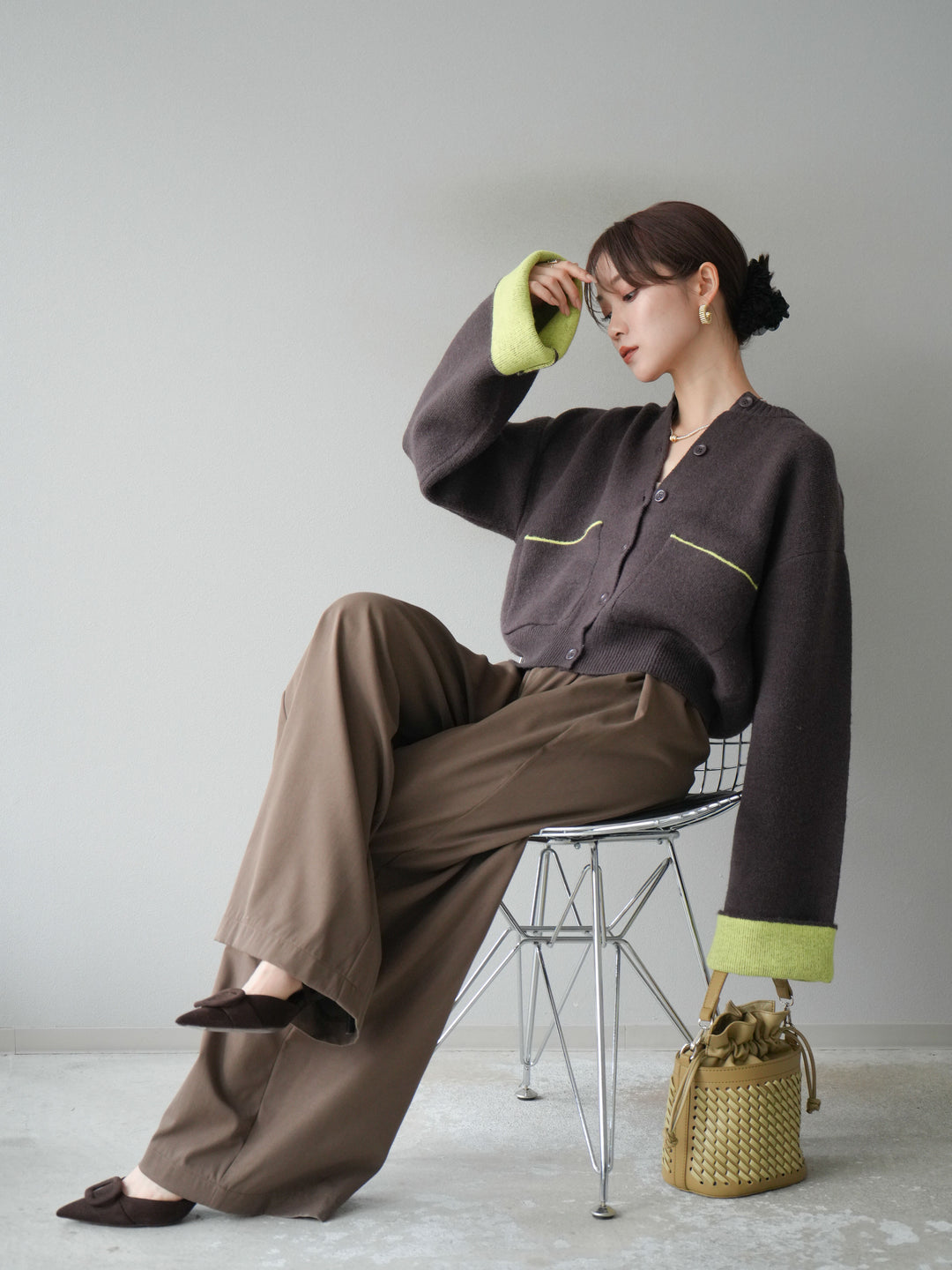 【SET】雙色針織開襟衫+褶襉設計寬褲（2套）