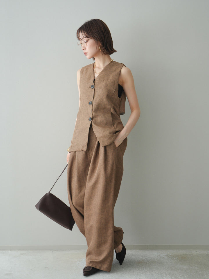 [SET]リネンライクバックオープンジレ+リネンライクタックワイドパンツ(2set)