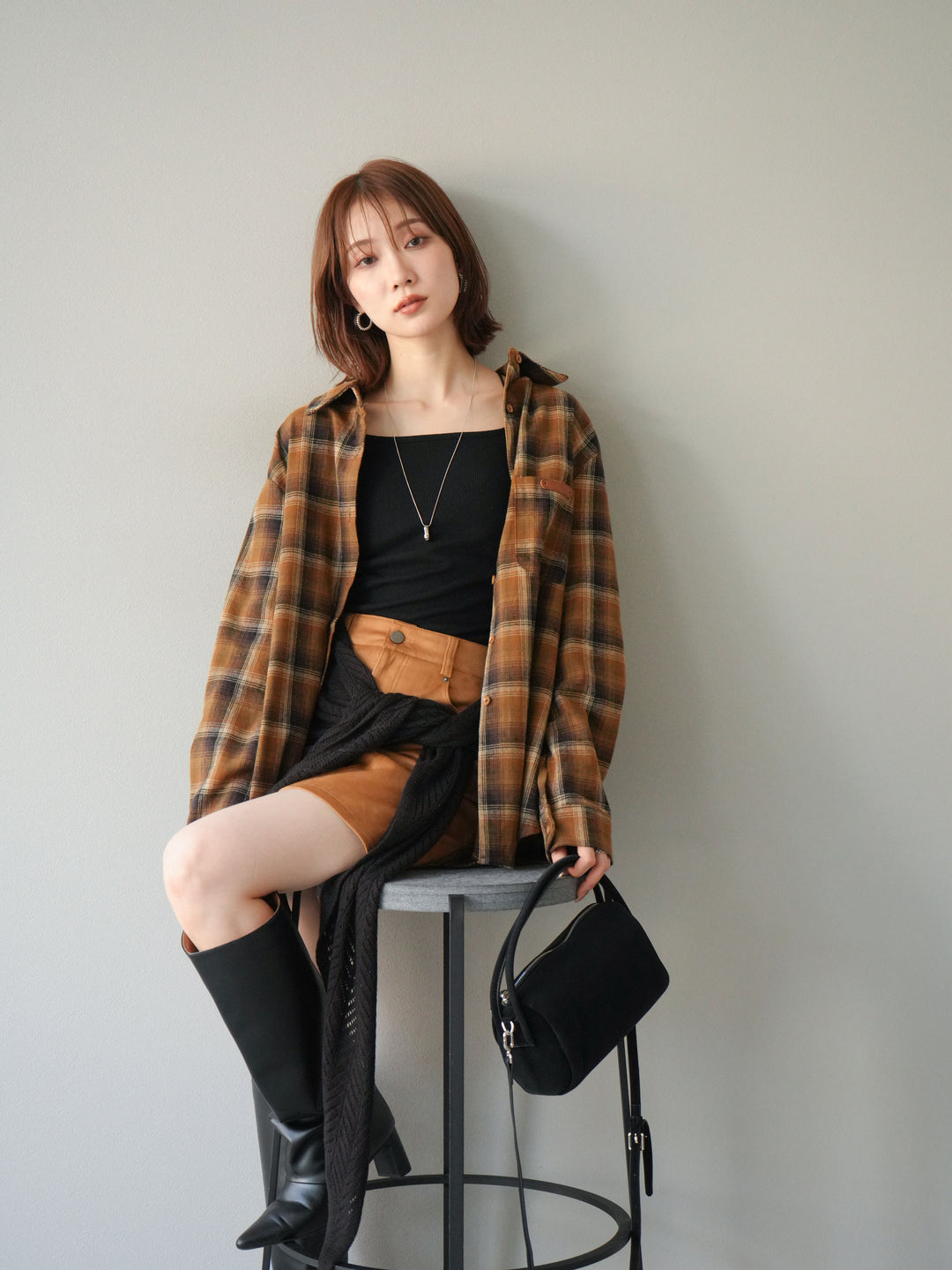 [予約]起毛チェックオーバーシャツ/キャメル