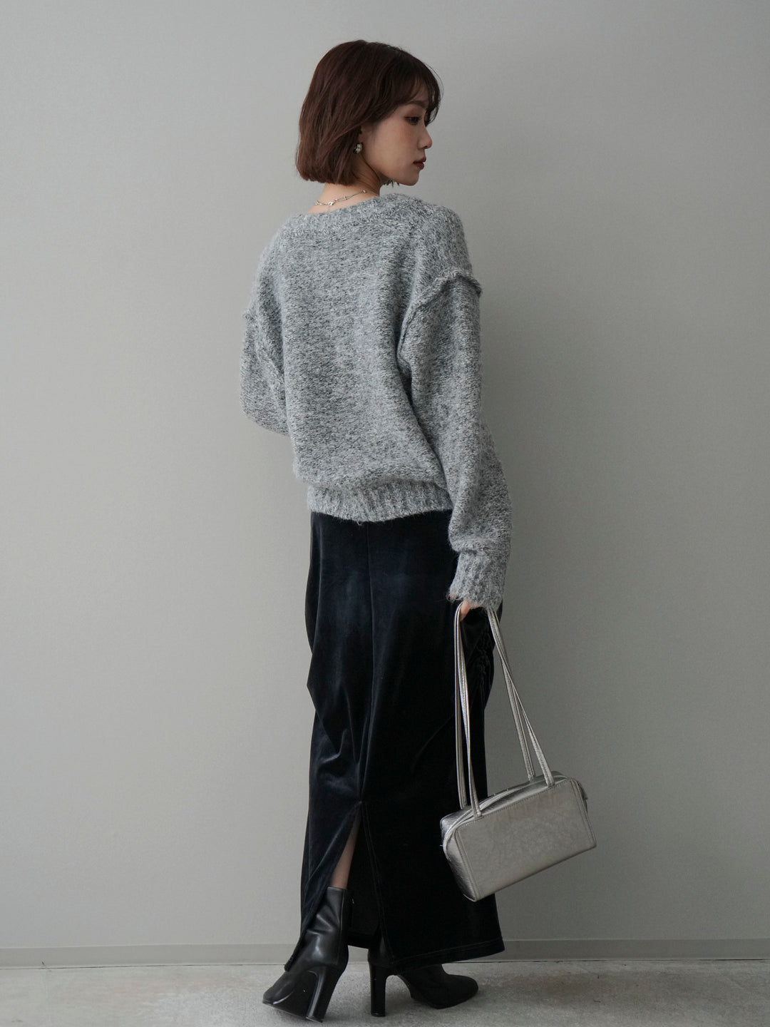 [SET]ミックスヤーンダブルZIPニットカーディガン+ギャザーベロアスカート(2set)