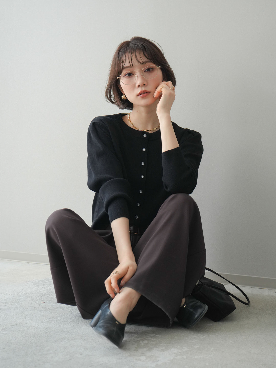 [SET]クリアボタンタックニットカーディガン+ベルトループデザインワイドパンツ(2set)