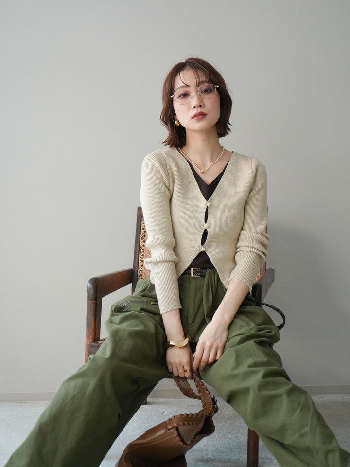 [予約]Vネック配色レイヤードスリットニットトップス/beige