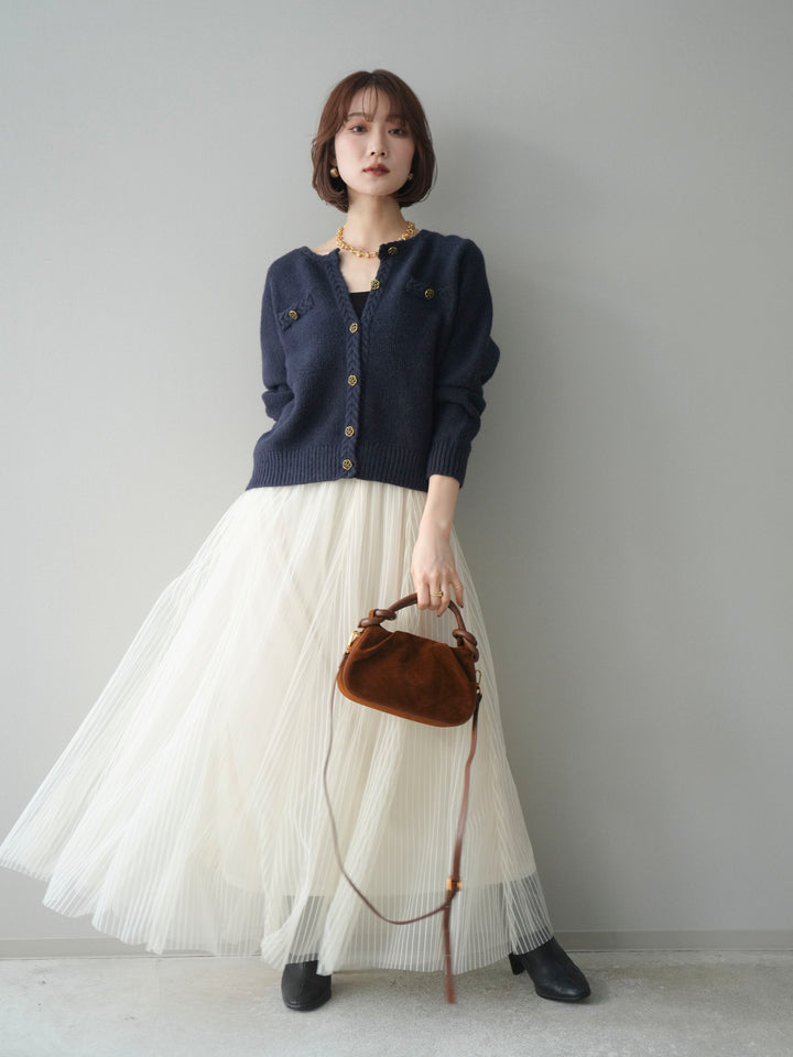 [SET]編みこみアンティークボタンニットカーディガン+チュールストライプボリュームスカート(2set)