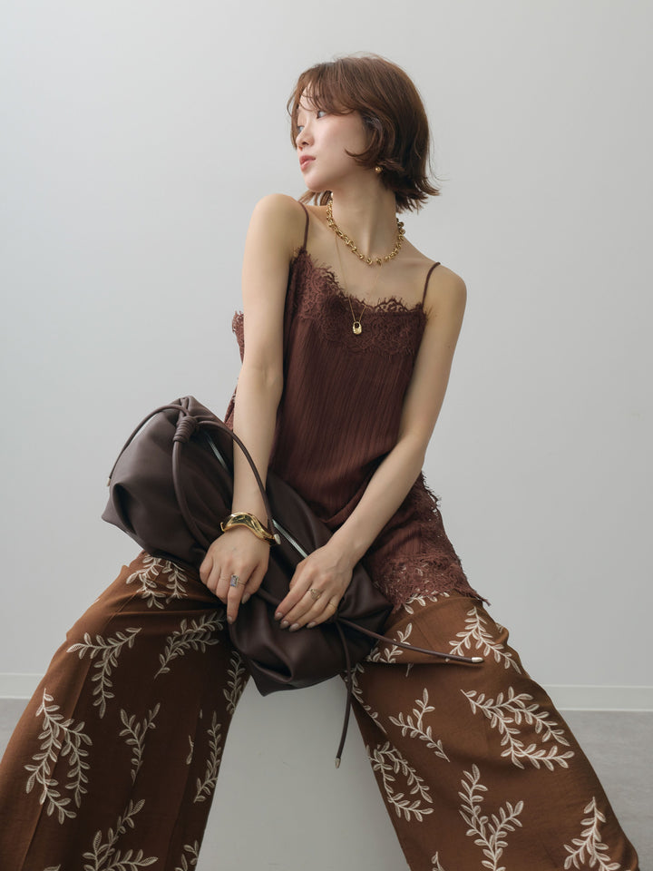 [予約]ワッシャーテクスチャーレーストリムキャミソール/brown