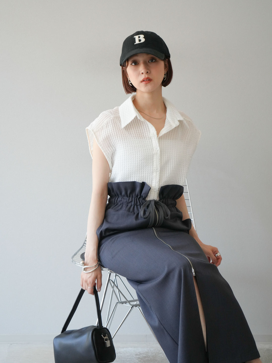 [SET]シアーチェックノースリーブシャツ+ヘザーエステルギャザージップスカート(2set)