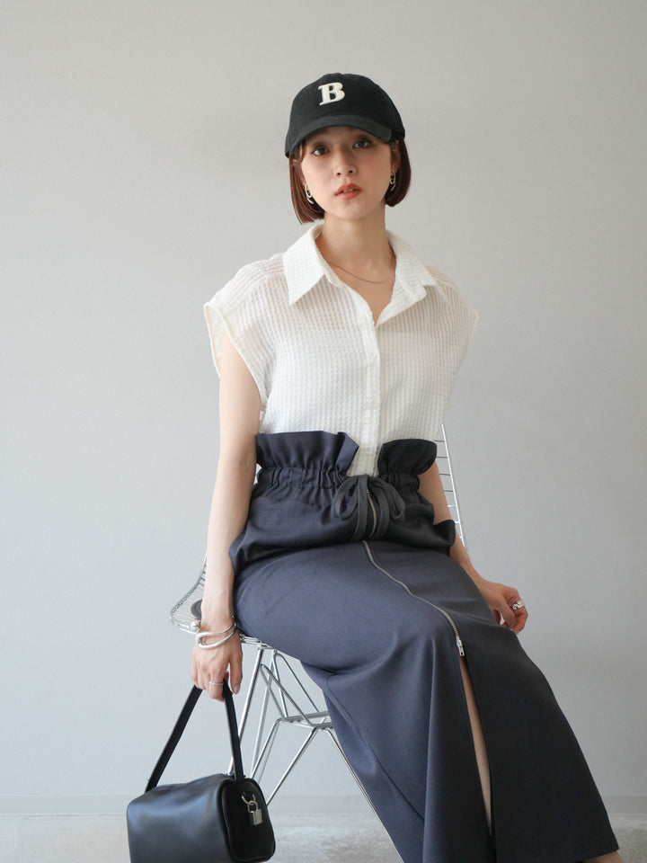 [SET]シアーチェックノースリーブシャツ+ヘザーエステルギャザージップスカート(2set)