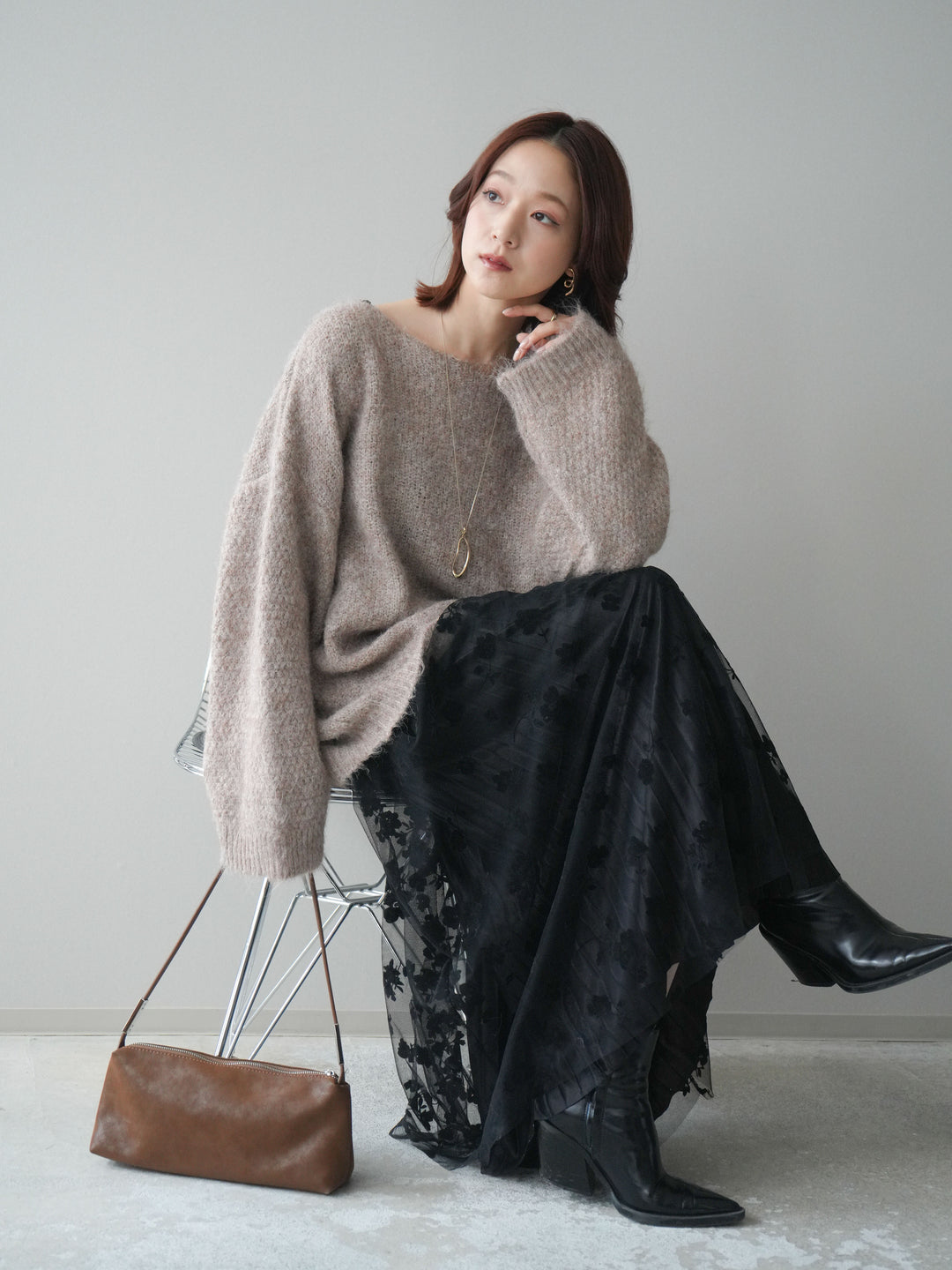[SET]透かしデザインニットプルオーバー+フラワーフロッキーチュールプリーツスカート(2set)