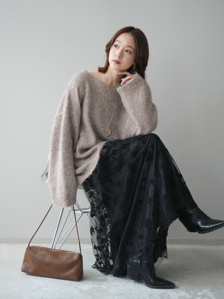[SET]透かしデザインニットプルオーバー+フラワーフロッキーチュールプリーツスカート(2set)