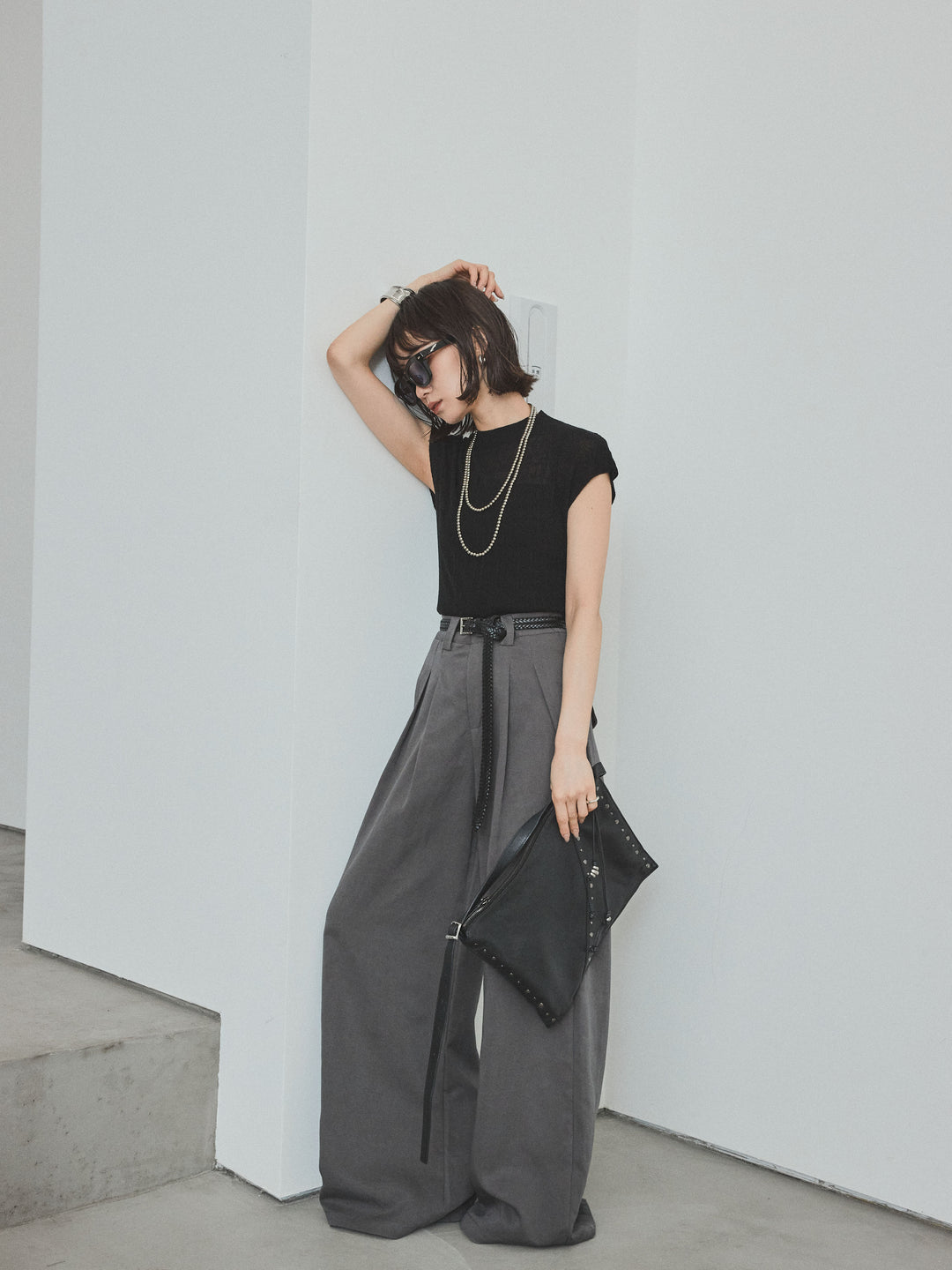 [SET] 法式袖透視針織上衣 + 亞麻觸感褶皺寬褲 (2set)