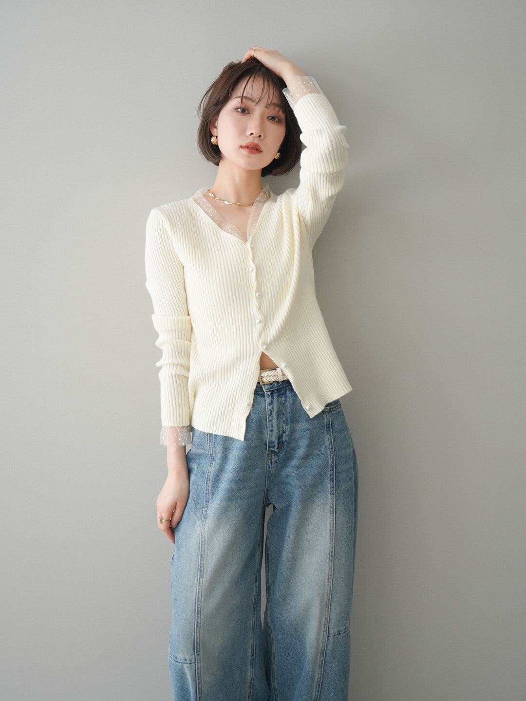 [SET]チュールドッキングパールボタンニットカーディガン+選べるアクセセット(2set)