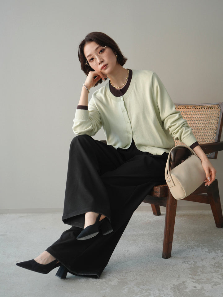 [予約]配色レイヤードコットンアクリルニットカーディガン/mint