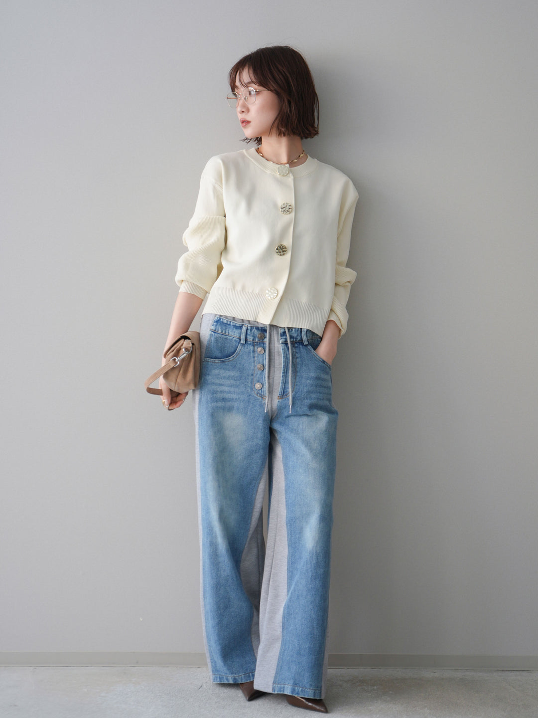 [SET]メタルボタンクルーネックニットカーディガン+デニム切替スウェットパンツ(2set)