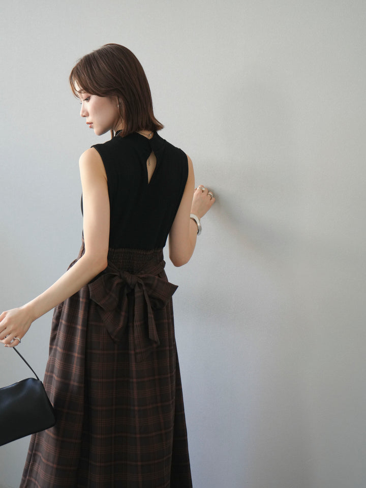 [予約]テレコ×チェックドッキングノースリワンピース/ブラック×ブラウン