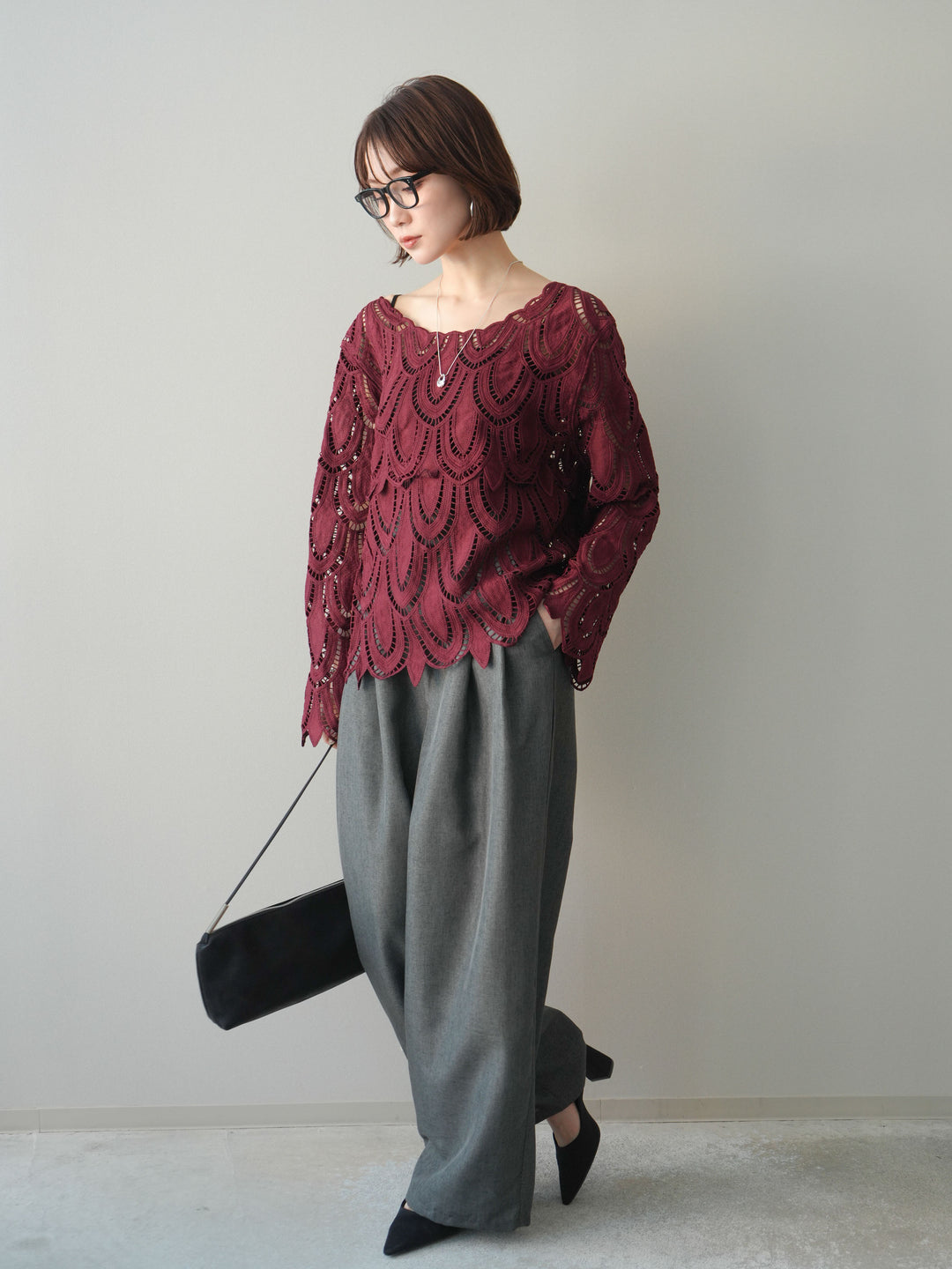 [予約]リネンライクタックワイドパンツ/charcoal