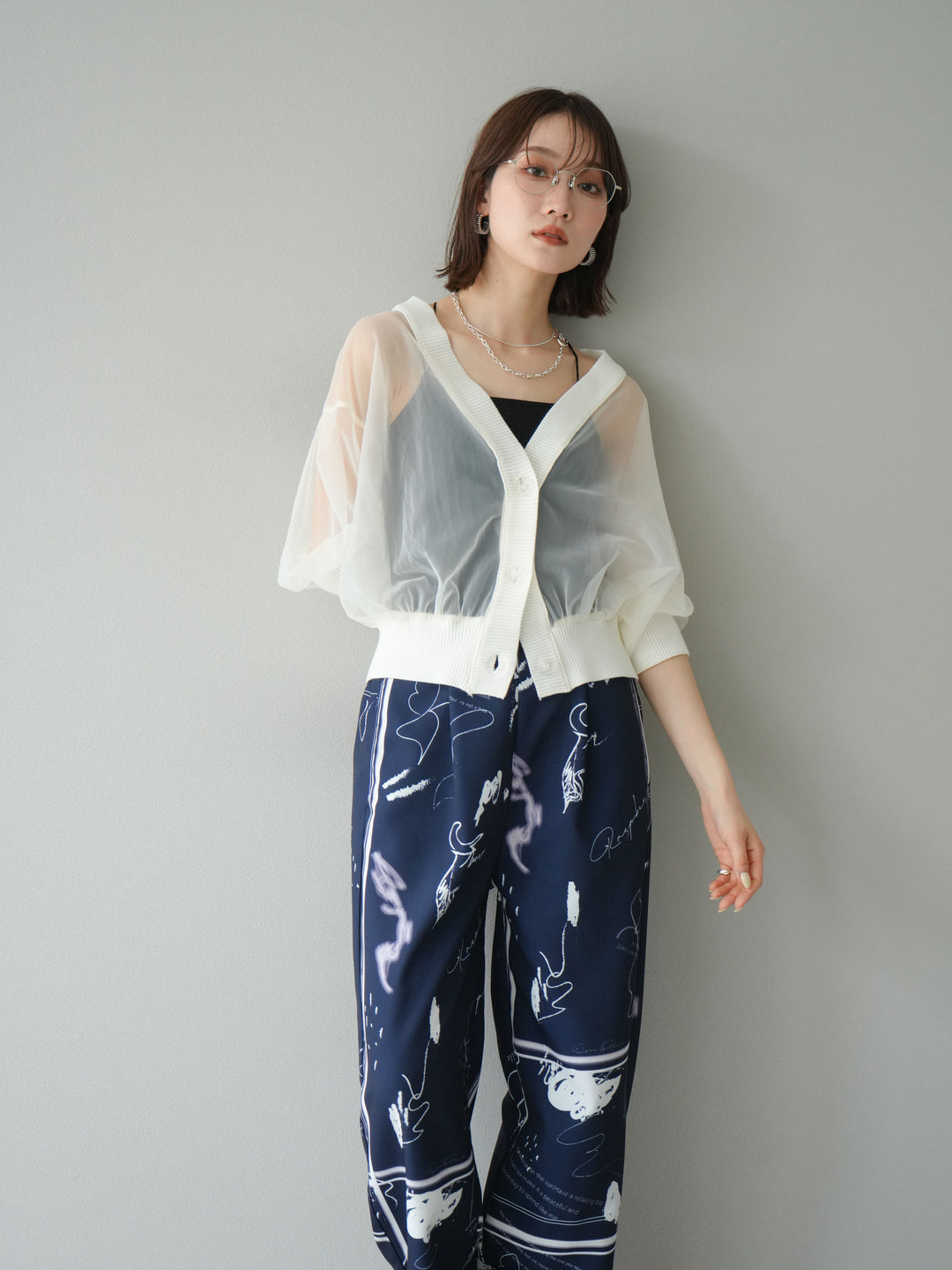 [SET] 透視半袖褶皺開襟衫 + 彩繪圖案褶襉褲 (2set)
