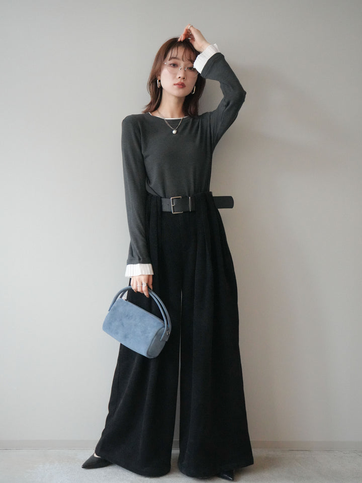 [SET]袖プリーツ配色レイヤードトップス+ベルトデザインループコールテンワイドパンツ(ベルト付き)(2set)